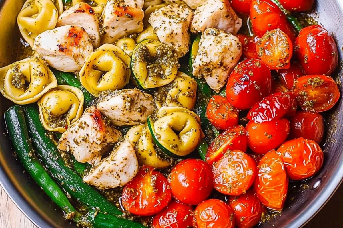 Delicious One-Pan Pesto Chicken Tortellini and Veggies