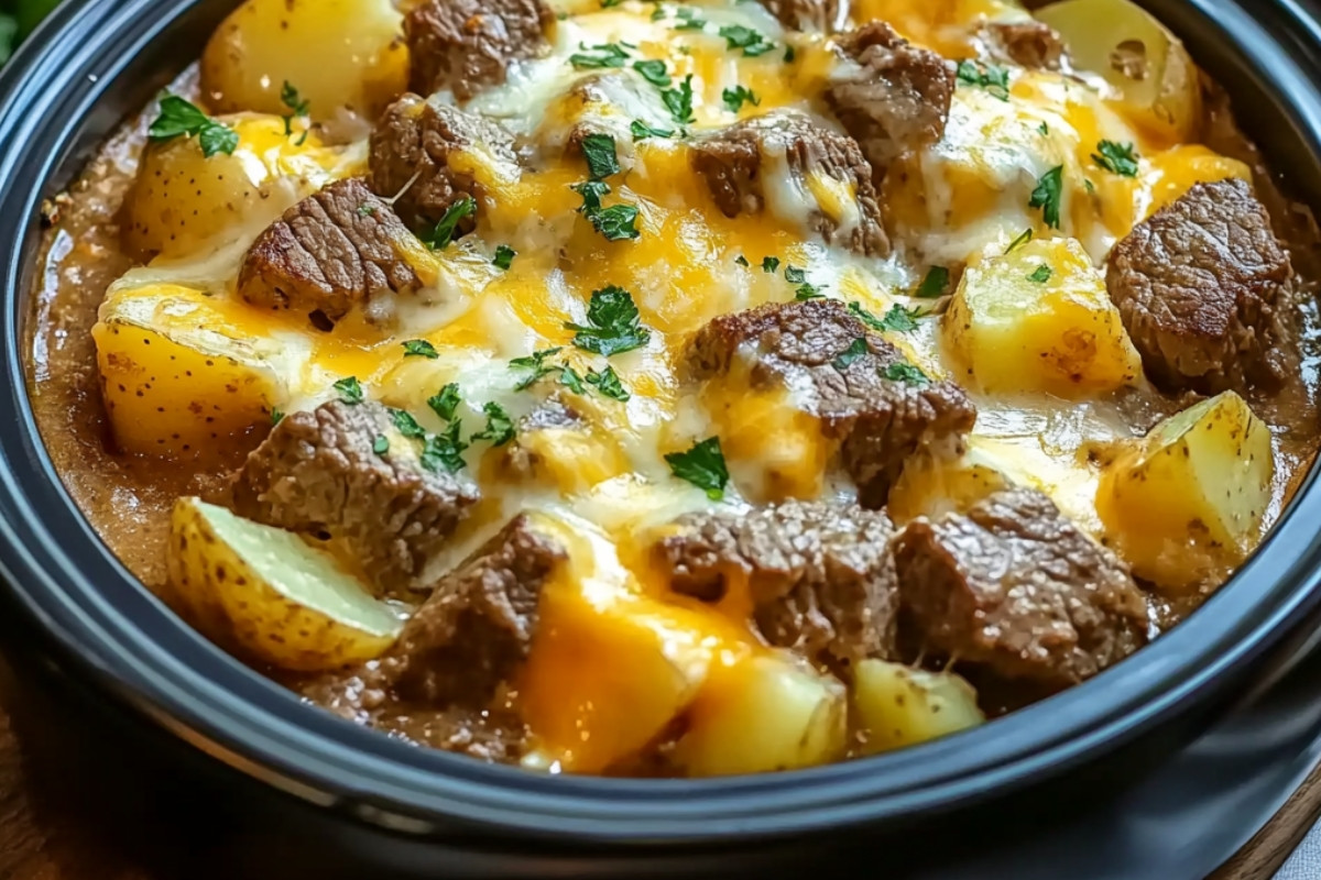 Delicious Slow Cooker Steak and Cheddar Potato Casserole