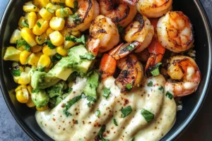 Grilled Shrimp Bowl with Avocado Corn Salsa & Creamy Garlic Sauce
