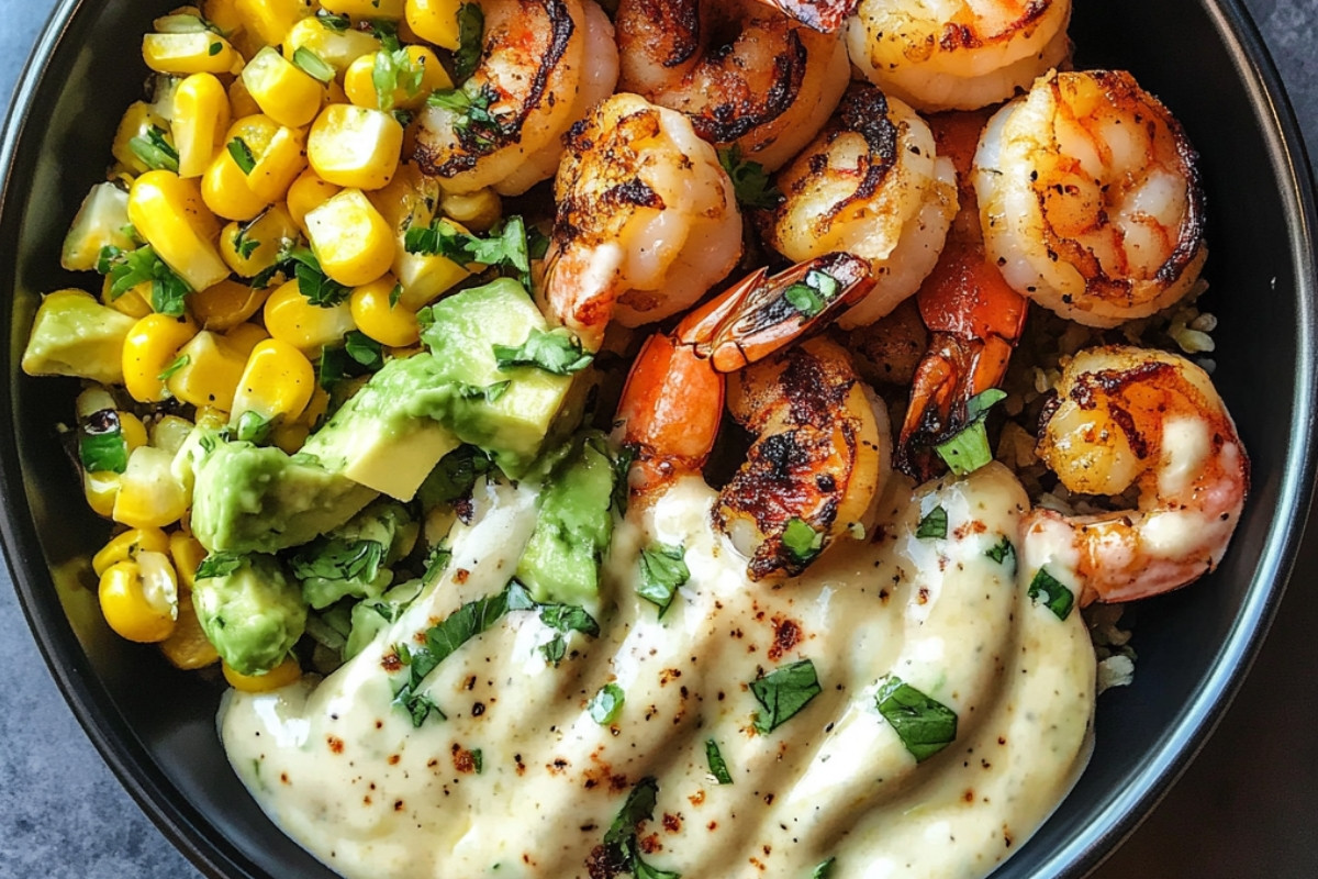 Grilled Shrimp Bowl with Avocado Corn Salsa & Creamy Garlic Sauce