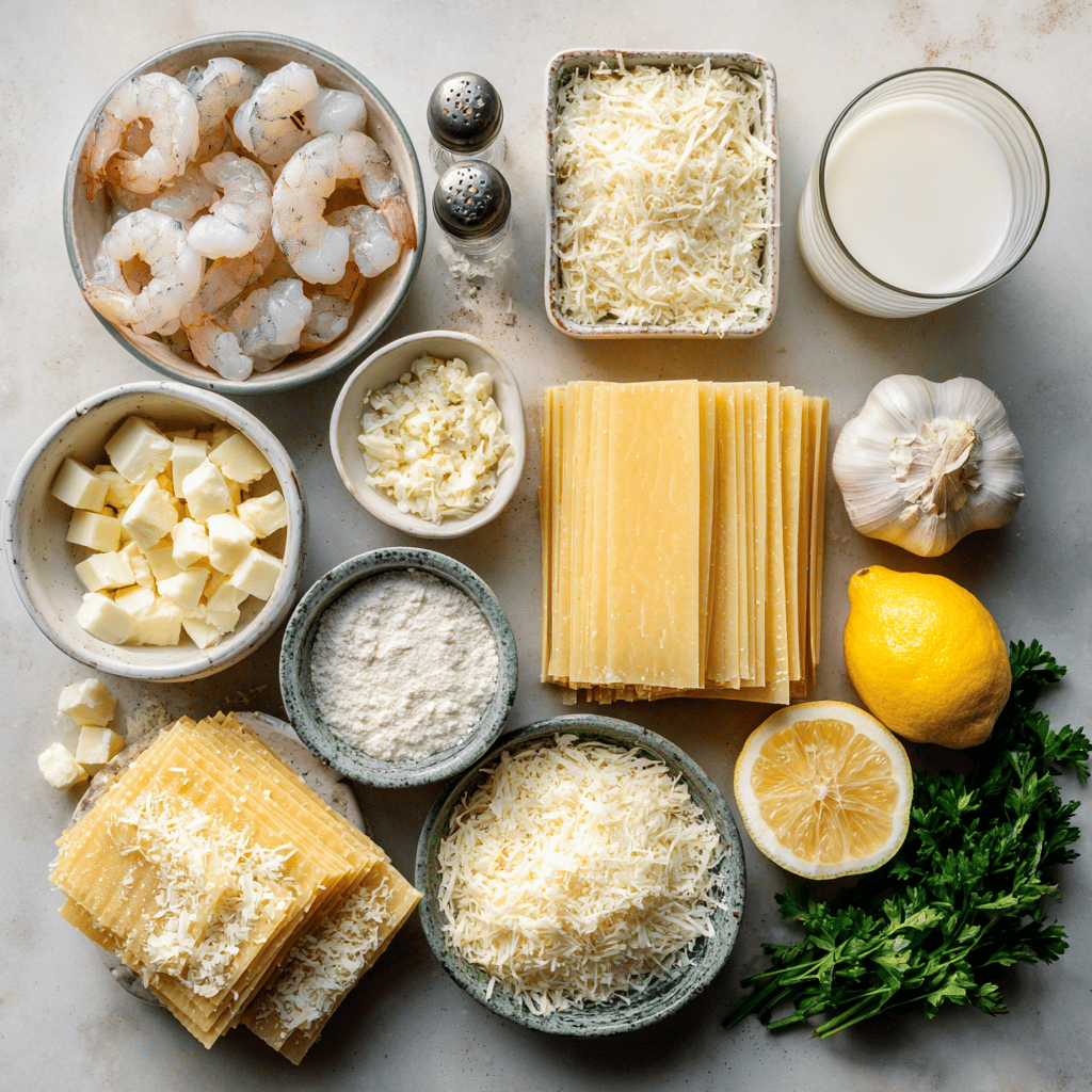 Garlic Butter Shrimp Scampi Lasagna - Easy Gourmet Dinner 4 Ingredients for Garlic Butter Shrimp Scampi Lasagna neatly organized on a clean surface