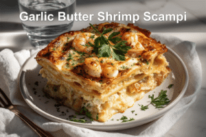 Garlic Butter Shrimp Scampi Lasagna in a white dish with bubbly cheese topping