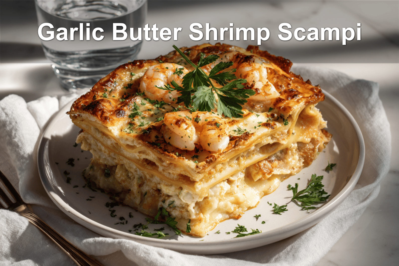 Garlic Butter Shrimp Scampi Lasagna in a white dish with bubbly cheese topping