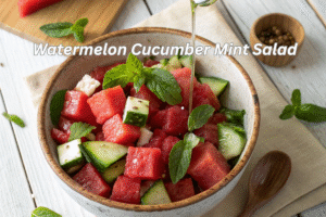 Top view of watermelon cucumber mint salad in a rustic bowl on a wooden table