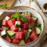 Top view of watermelon cucumber mint salad in a rustic bowl on a wooden table