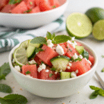 Watermelon Cucumber Mint Salad: Refreshing Summer Recipe 5 Finished watermelon cucumber mint salad served in a bowl with feta and mint garnish