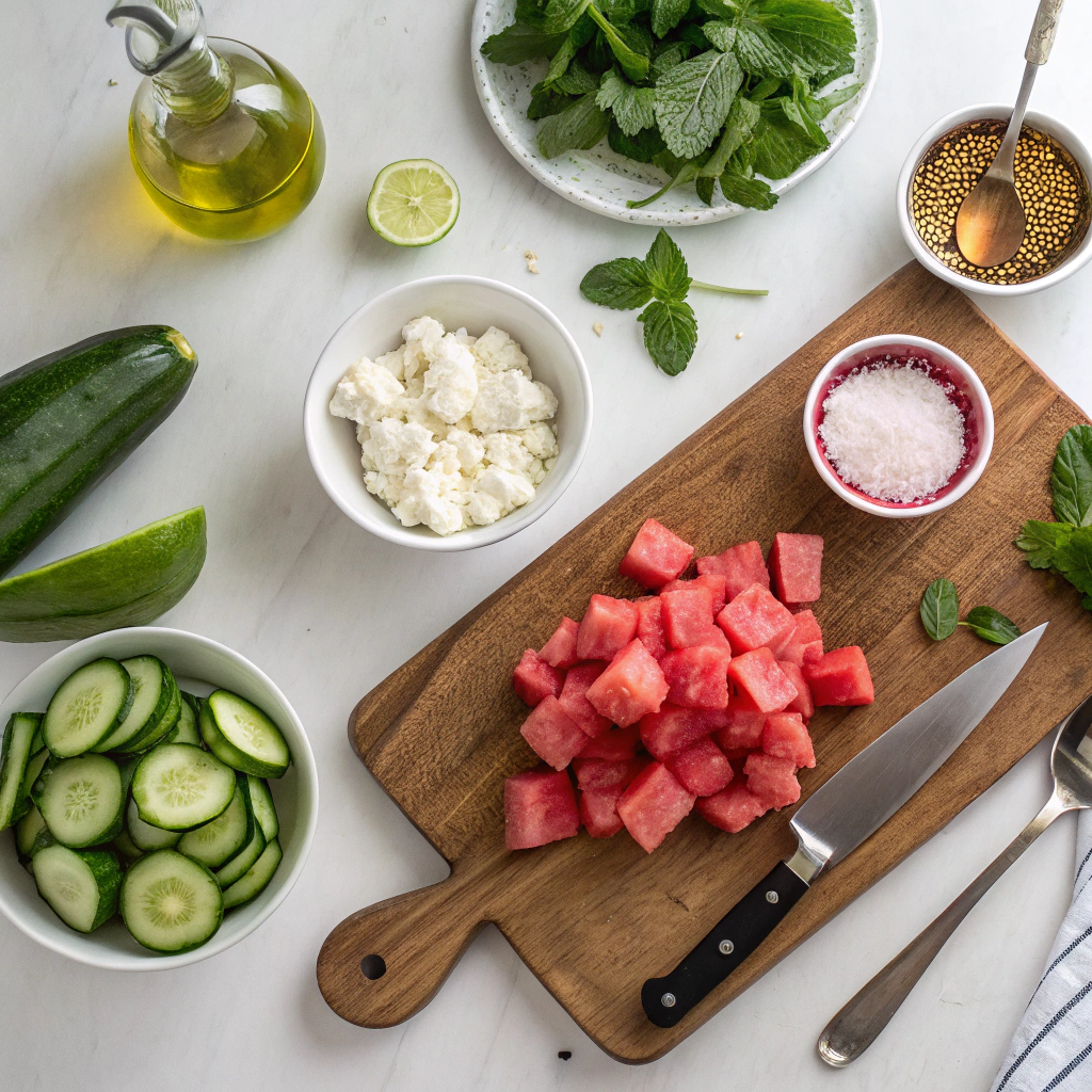 Watermelon Cucumber Mint Salad: Refreshing Summer Recipe 4 Tabletop with watermelon cubes, cucumber slices, mint, lime, feta, and olive oil arranged before salad preparation