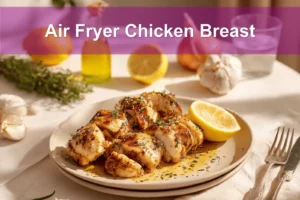Air Fryer Chicken Breast on plate with golden chicken pieces lemon balsamic glaze