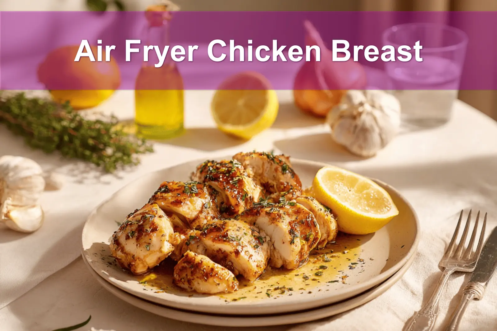 Air Fryer Chicken Breast on plate with golden chicken pieces lemon balsamic glaze