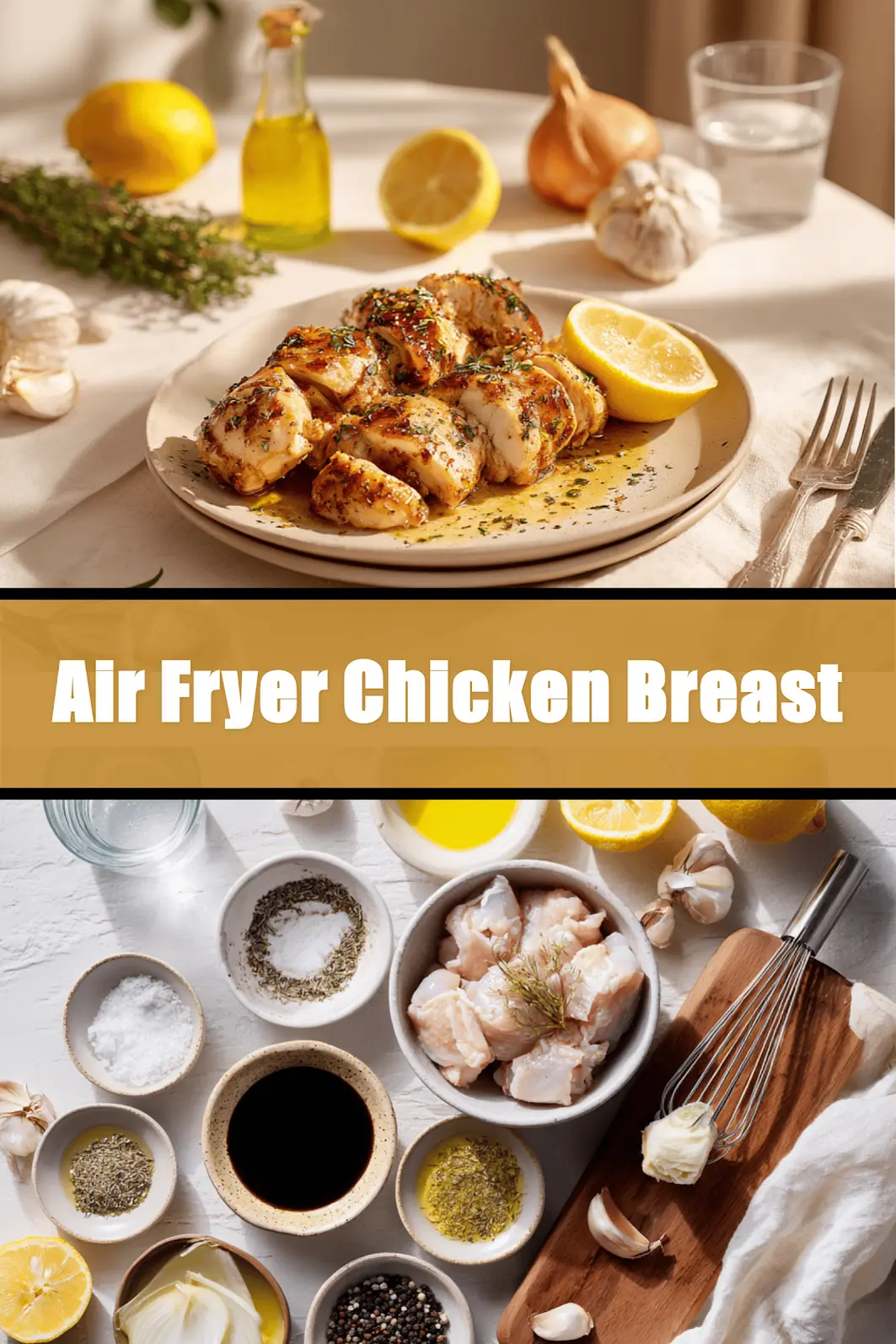 Air Fryer Chicken Breast on plate with golden chicken pieces lemon balsamic glaze_pin