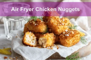 Air Fryer Chicken Nuggets on white napkin with pickles and glass of water