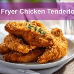 Air Fryer Chicken Tenderloins plated on white cloth napkin with clear glass of water and herbs