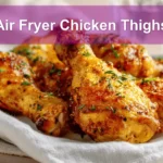 Air Fryer Chicken Thighs golden crisp skin served on white cloth with glass of water