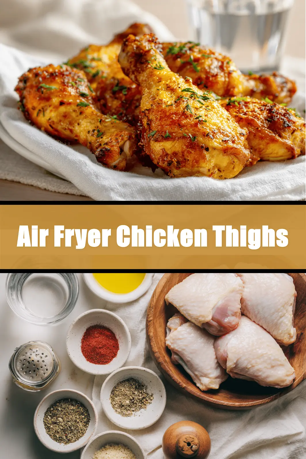 Air Fryer Chicken Thighs - Delicious Simple Recipe 6 Air Fryer Chicken Thighs golden crisp skin served on white cloth with glass of water_pin