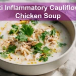 Anti Inflammatory Cauliflower Chicken Soup warm bowl garnished with fresh herbs and creamy coconut drizzle