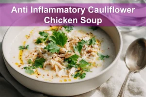 Anti Inflammatory Cauliflower Chicken Soup warm bowl garnished with fresh herbs and creamy coconut drizzle