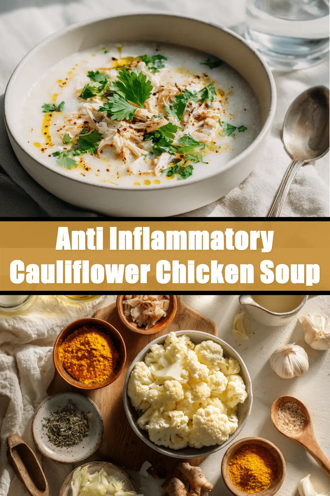 Anti Inflammatory Cauliflower Chicken Soup warm bowl garnished with fresh herbs and creamy coconut drizzle_pin