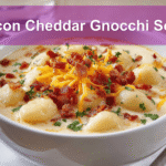 Bacon Cheddar Gnocchi Soup Recipe | Creamy & Comforting Bowl 5 Bacon Cheddar Gnocchi Soup, creamy, garnished with bacon and cheddar, perfect comfort food.