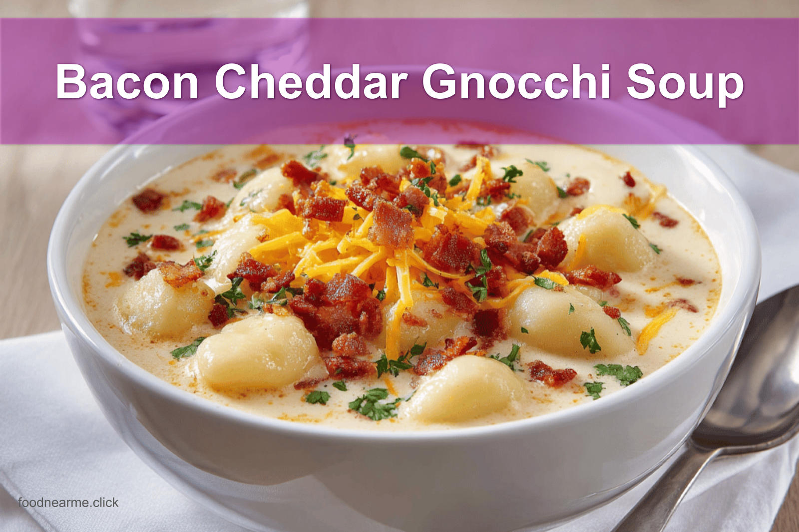 Bacon Cheddar Gnocchi Soup, creamy, garnished with bacon and cheddar, perfect comfort food.