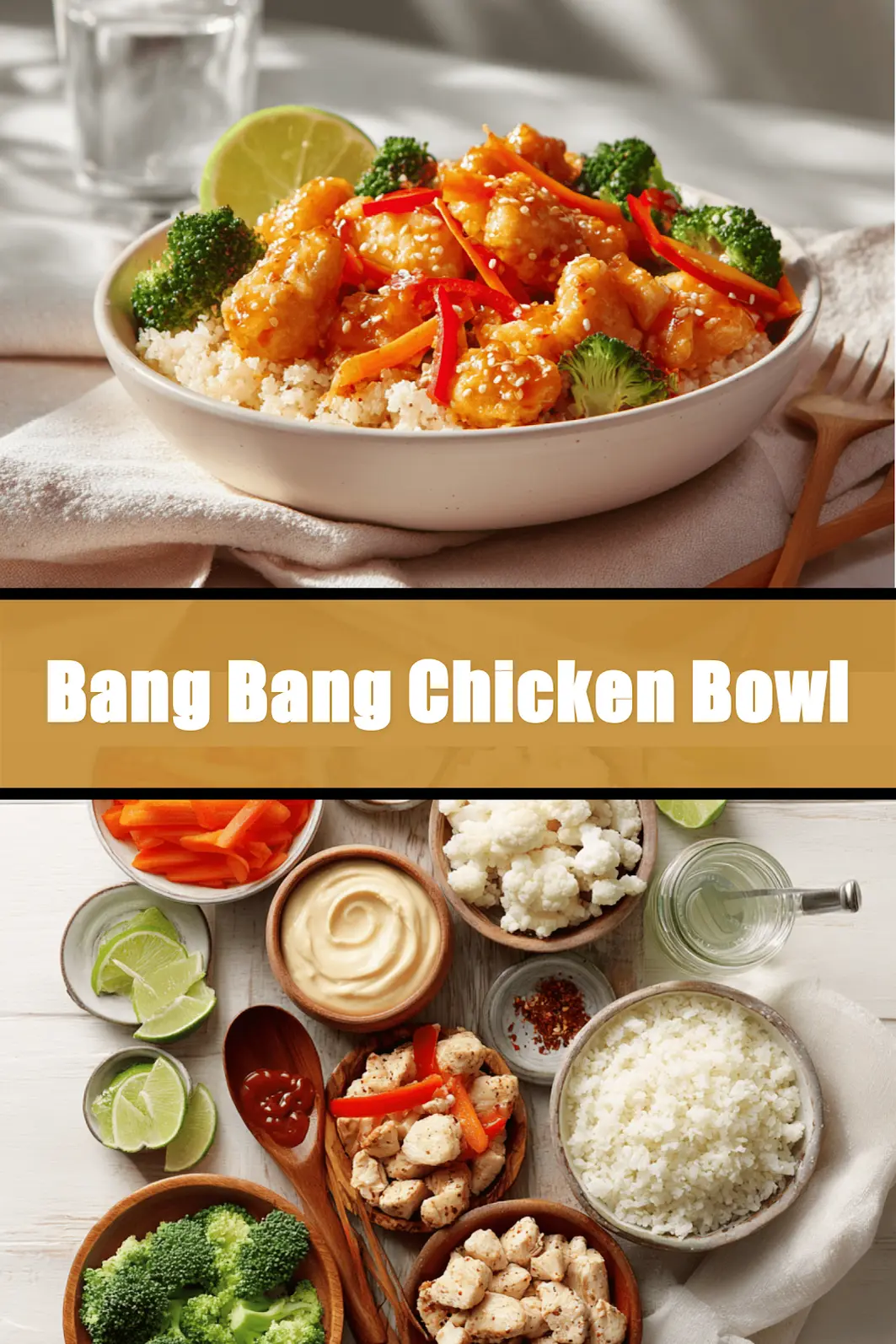 Bang Bang Chicken Bowl with tender-cooked chicken pieces rice cauliflower rice vegetables zesty creamy sauce lime_pin