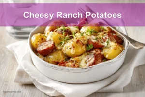 Cheesy Ranch Potatoes served with smoked sausage on white napkin, garnished with melted cheese and herbs.