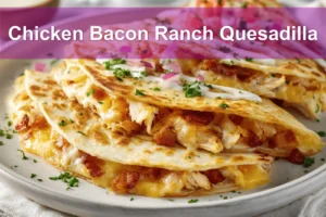 Chicken Bacon Ranch Quesadilla on white napkin with glass of water and sliced view