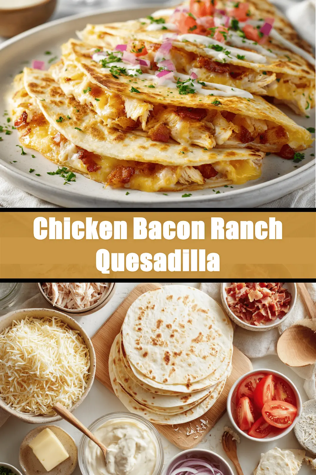 Chicken Bacon Ranch Quesadilla on white napkin with glass of water and sliced view_pin