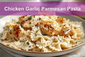 Chicken Garlic Parmesan Pasta plated with farfalle and grated cheese on white napkin beside clear water glass