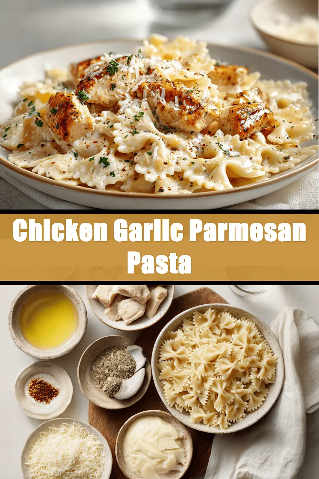 Chicken Garlic Parmesan Pasta plated with farfalle and grated cheese on white napkin beside clear water glass_pin