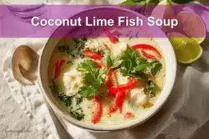 Coconut Lime Fish Soup on a white napkin with limes and herbs, warm and appetizing tones