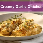 Creamy Garlic Chicken plated and styled with rich sauce, fresh herbs, and warm tones.