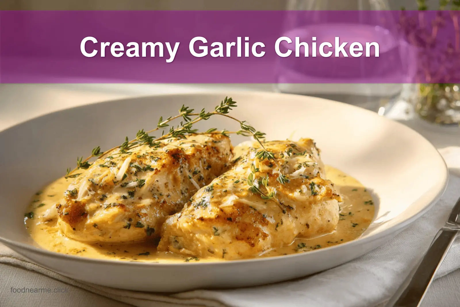 Creamy Garlic Chicken plated and styled with rich sauce, fresh herbs, and warm tones.