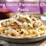 Creamy Garlic Parmesan Chicken Pasta plated on white napkin with herbs and glass of water