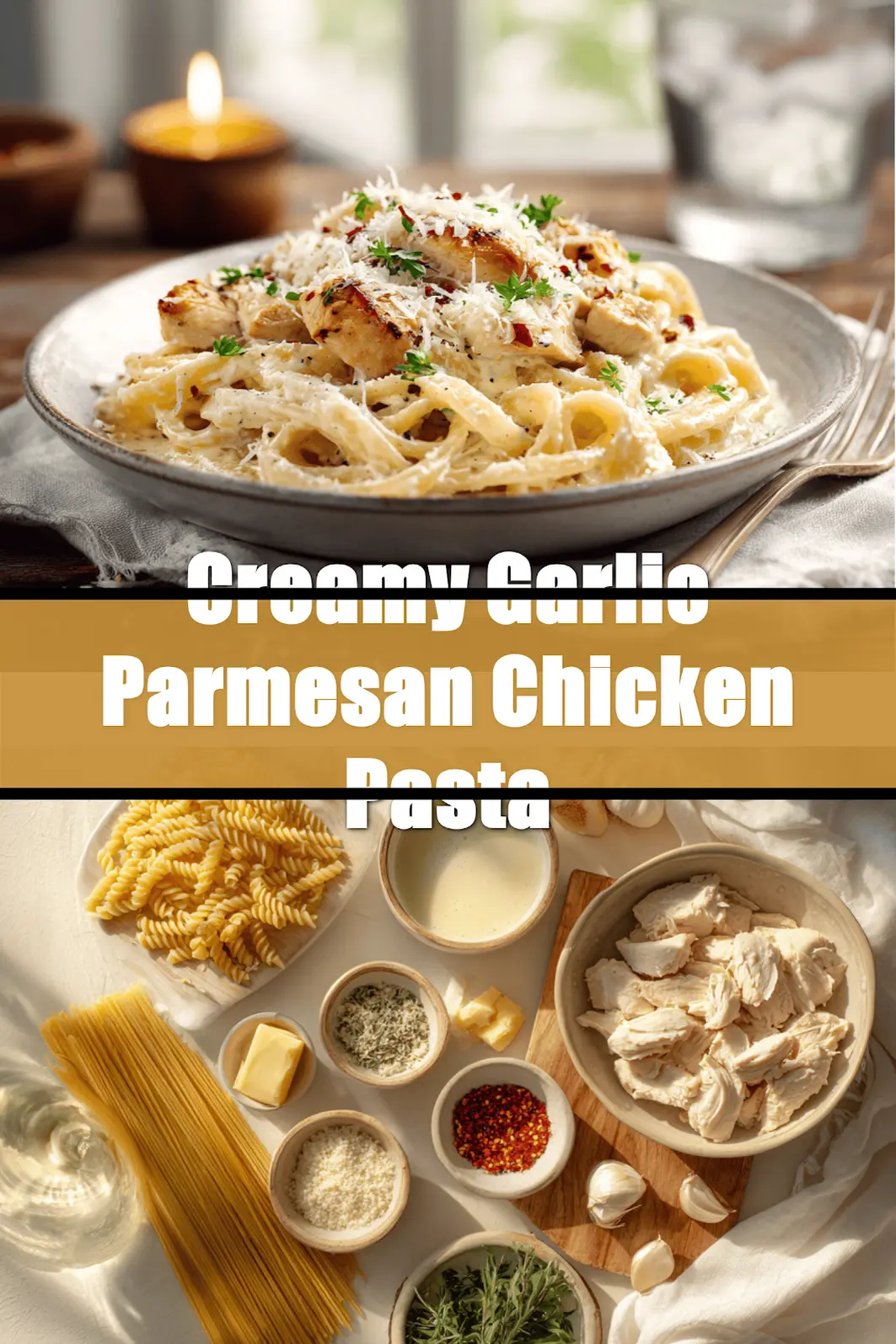 Creamy Garlic Parmesan Chicken Pasta plated on white napkin with herbs and glass of water_pin