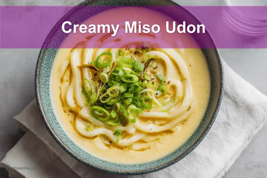 Bowl of Creamy Miso Udon with green onions in warm natural light