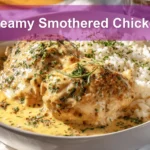 Creamy Smothered Chicken in a white bowl on a table with white napkin and glass of water.