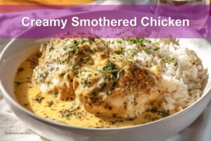 Creamy Smothered Chicken in a white bowl on a table with white napkin and glass of water.
