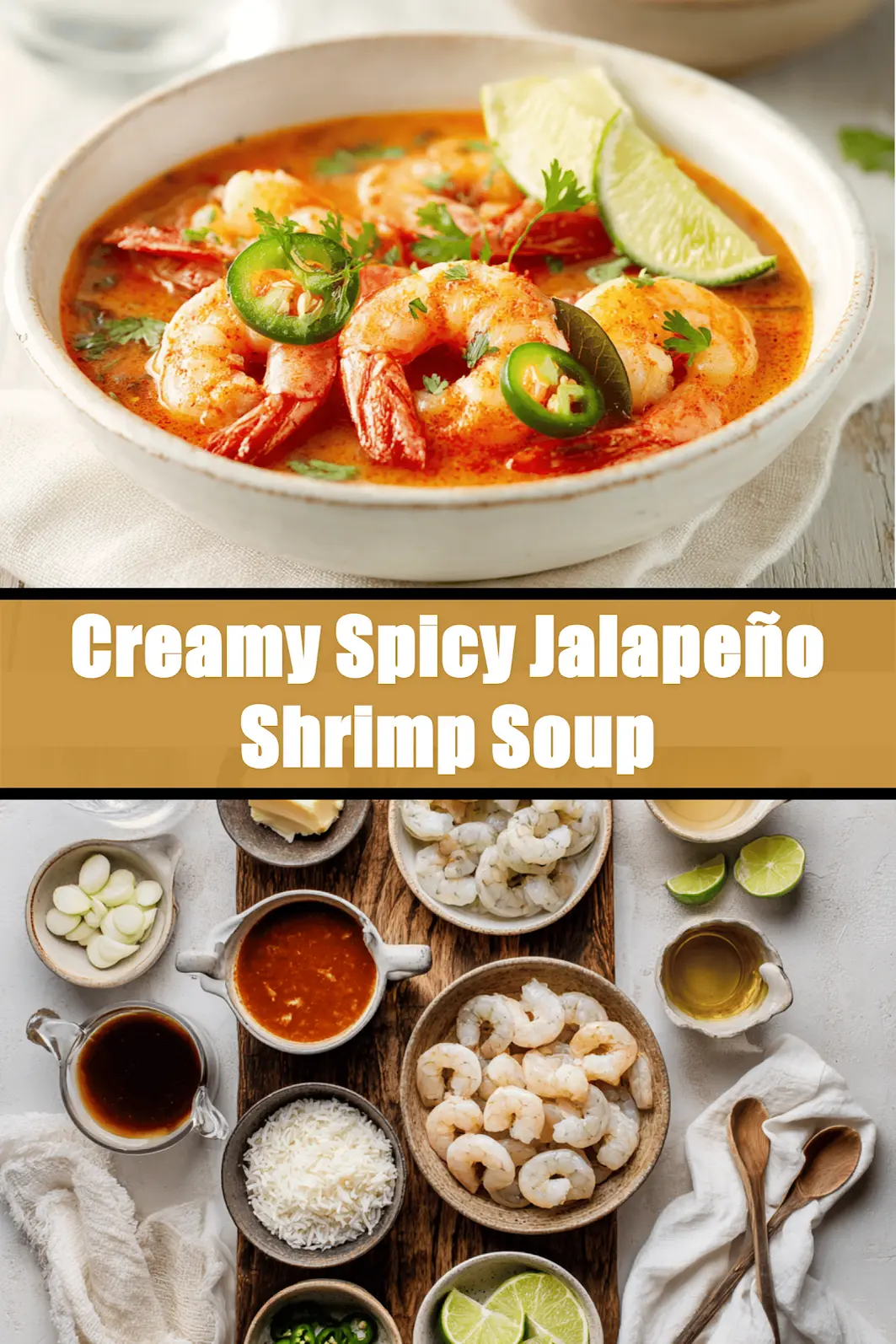Creamy Spicy Jalapeño Shrimp Soup in a warm bowl garnished with lime and fresh green herbs_pin