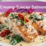 Creamy Tuscan Salmon plated with sun dried tomatoes spinach and creamy white sauce