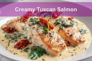Creamy Tuscan Salmon plated with sun dried tomatoes spinach and creamy white sauce