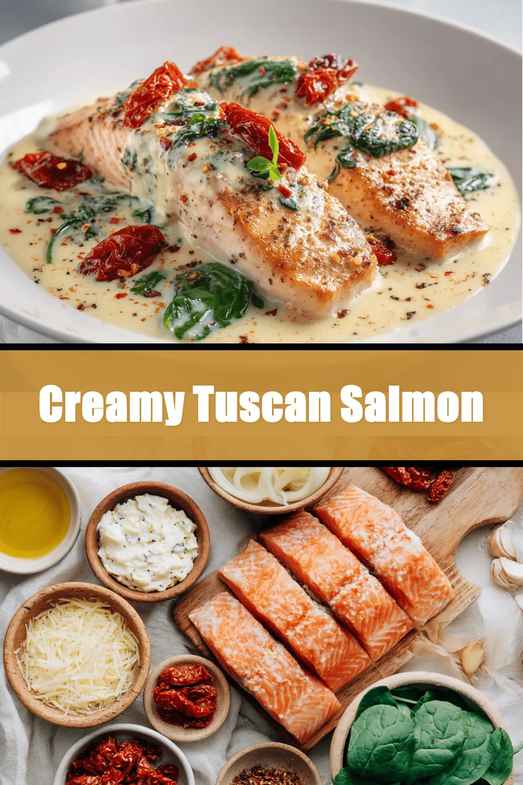 Creamy Tuscan Salmon plated with sun dried tomatoes spinach and creamy white sauce_pin