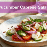 Cucumber Caprese Salad: Fresh & Healthy Summer Recipe 5 Cucumber Caprese Salad plated on white napkin in natural warm lighting