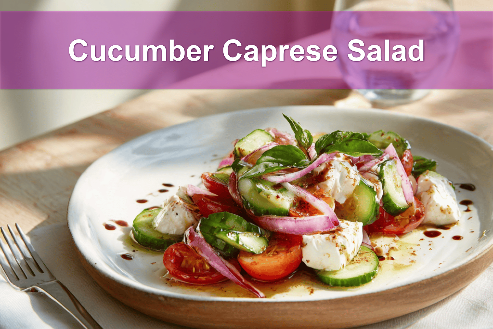 Cucumber Caprese Salad plated on white napkin in natural warm lighting