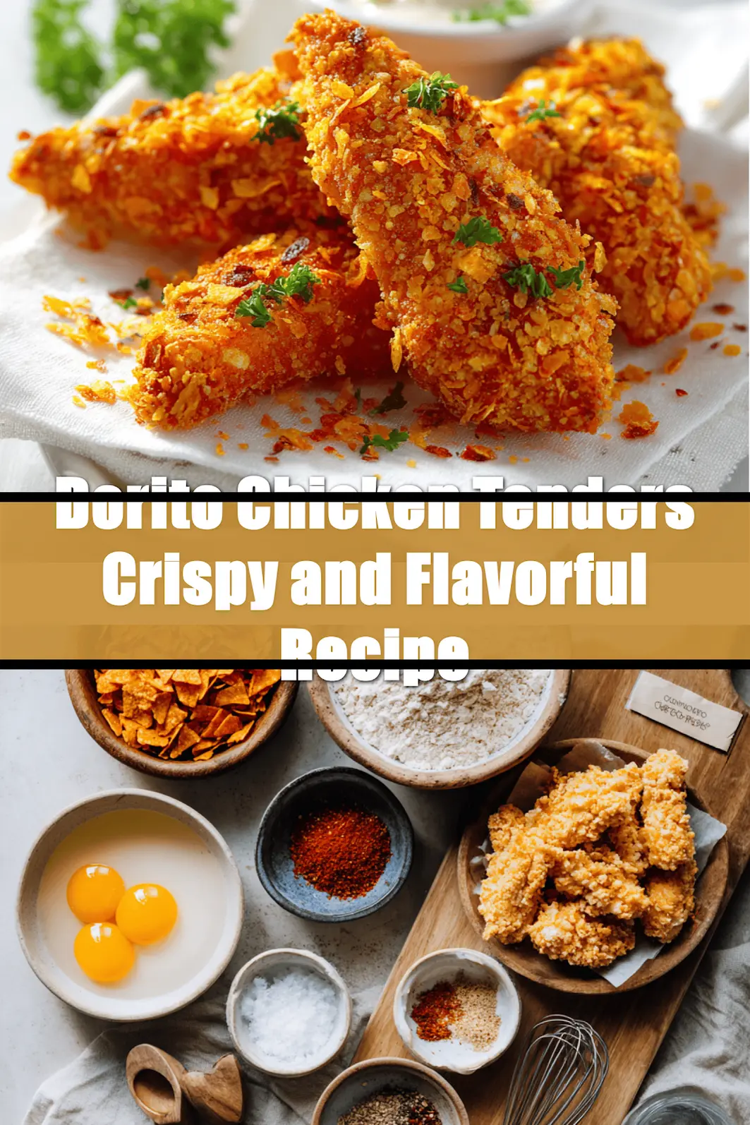 Dorito Chicken Tenders Crispy and Flavorful Recipe golden crispy Dorito coated chicken pieces on white napkin_pin
