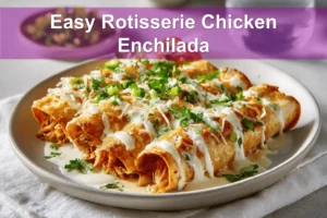 Easy Rotisserie Chicken Enchilada beautifully presented with toppings and soft colors
