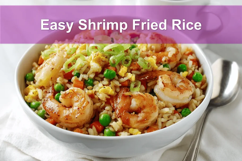 Easy Shrimp Fried Rice plated on white napkin with glass of water warm natural light