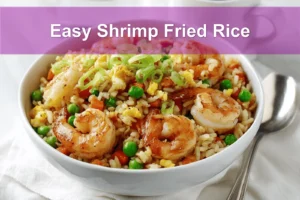 Easy Shrimp Fried Rice plated on white napkin with glass of water warm natural light