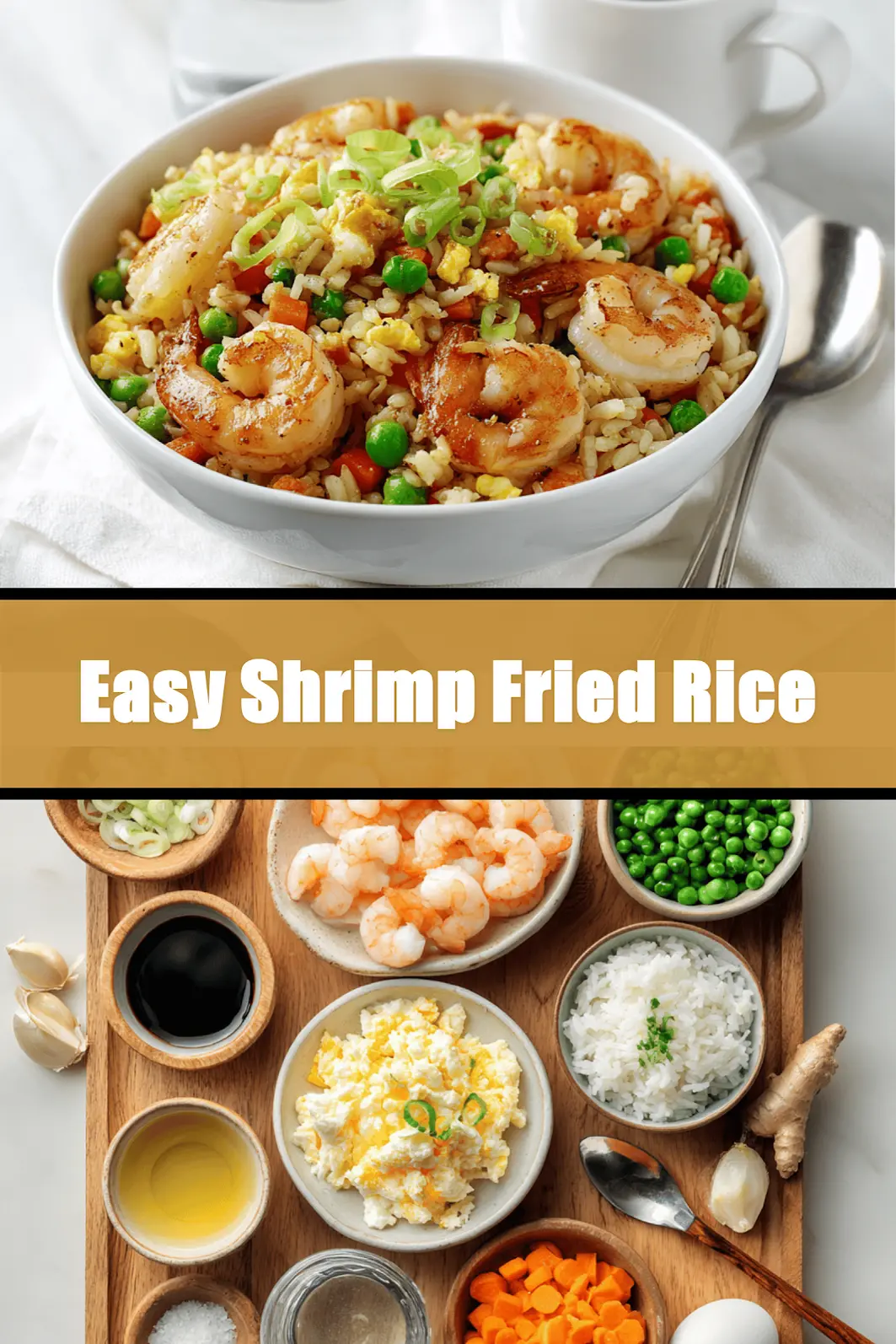 Easy Shrimp Fried Rice plated on white napkin with glass of water warm natural light_pin