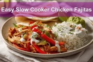 Easy Slow Cooker Chicken Fajitas with shredded chicken peppers rice guacamole lime fresh herbs