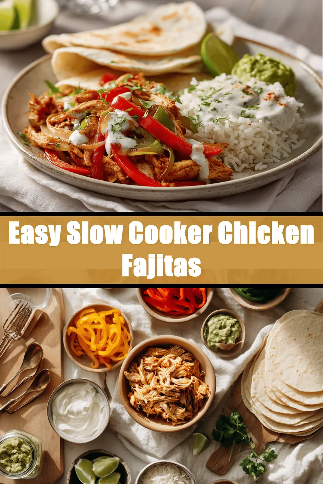 Easy Slow Cooker Chicken Fajitas with shredded chicken peppers rice guacamole lime fresh herbs_pin